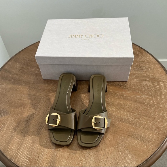 JIMMY CHOO
Hawke 40 Block Heel Slide Sandals - Caper Green/Gold - Picture 6 of 7